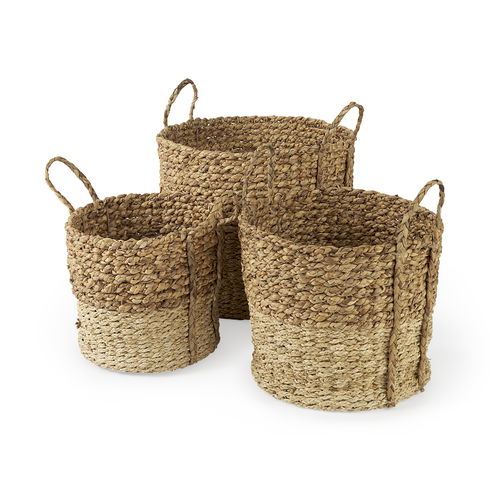 Morocco (Set of 3) Brown Two Tone Water Hyacinth and Cornhusk Round Basket with Handles