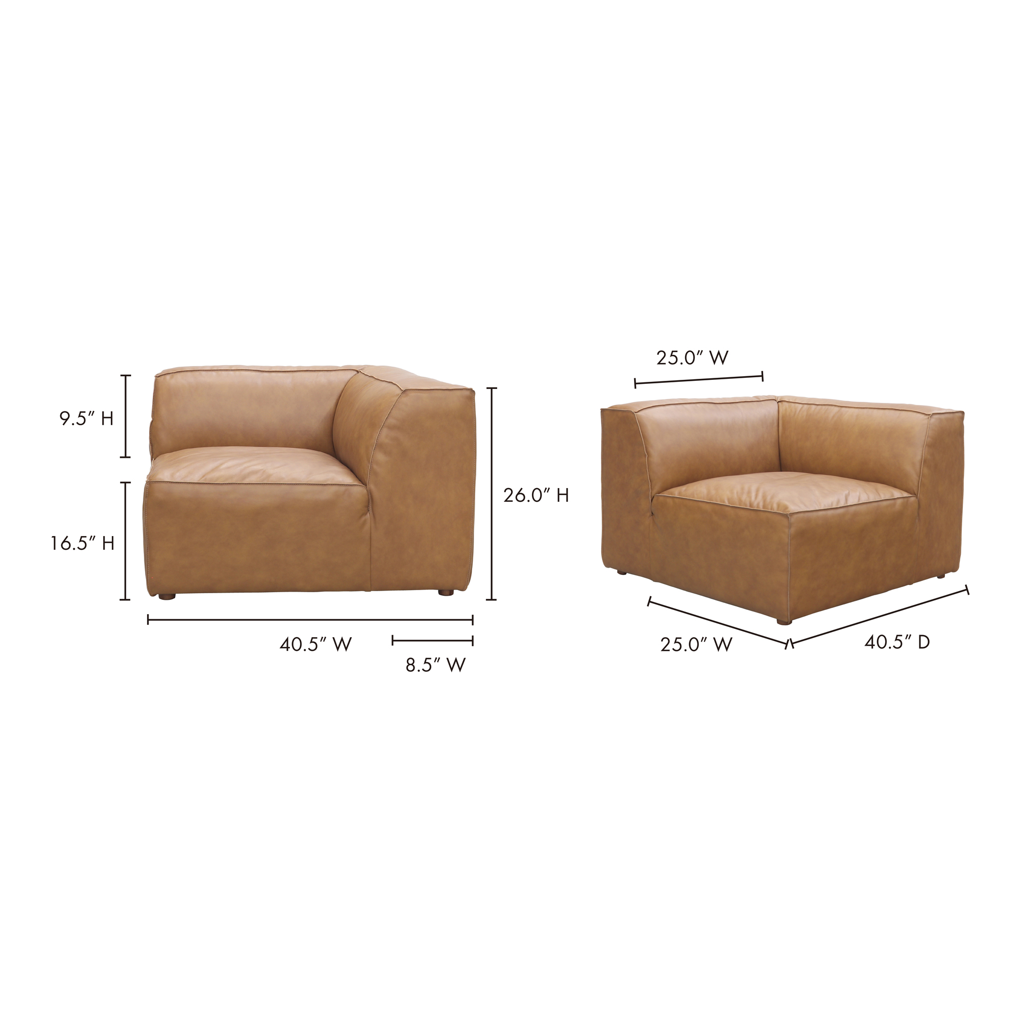 Form Corner Chair Sonoran Tan Leather, Sectional Sofa by Moe's Home, 40.5" width x 26" height x 40.5" depth View 10