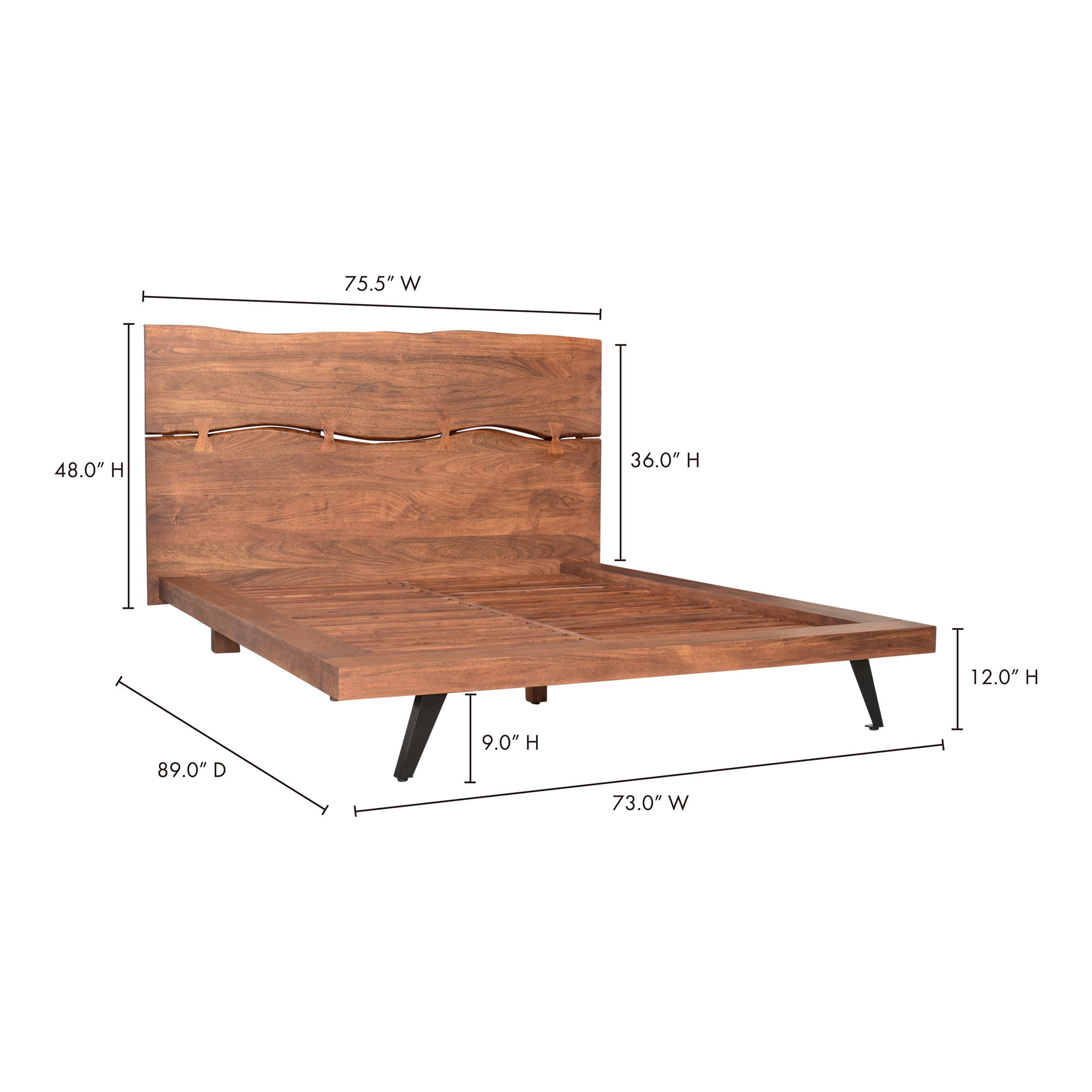 Madagascar Platform Bed Queen Brown, by Moe's Home, 75.25" width x 47" height x 91" depth View 12