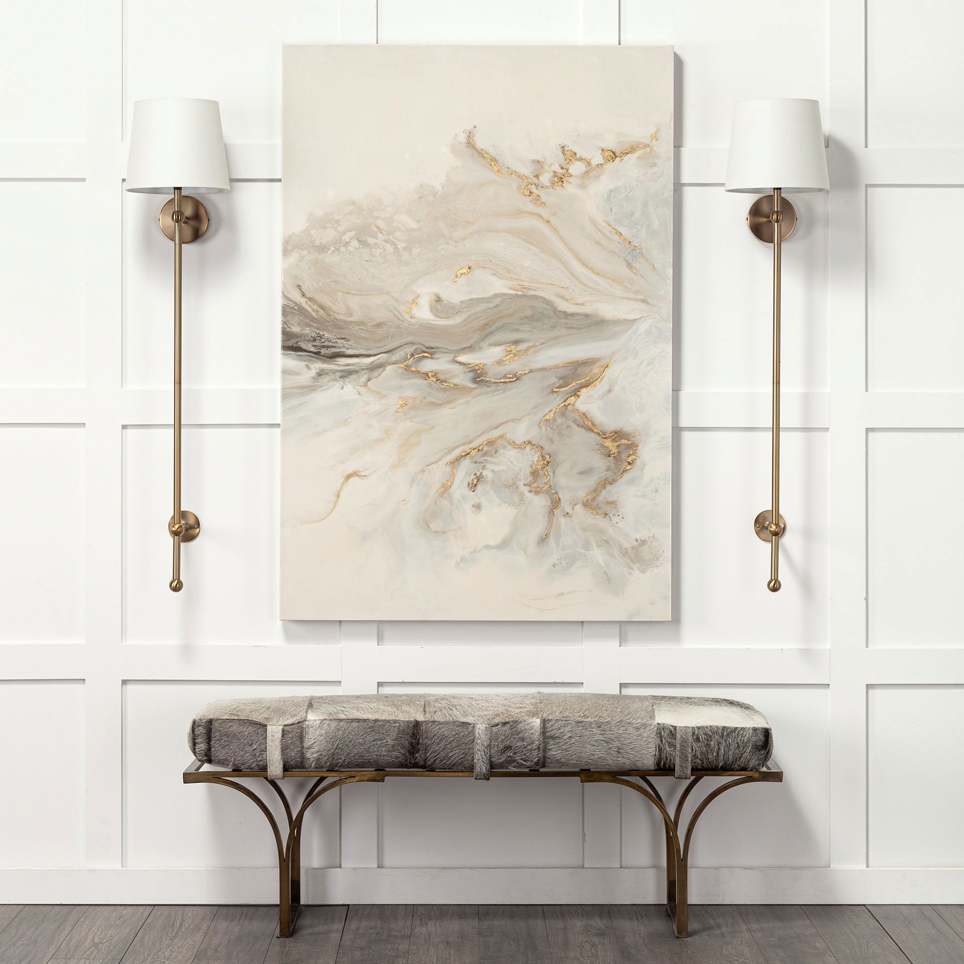 Jessie 55L x 16W White/Gray Hair-On-Hide Seat with Gold Metal Base Accent Bench, Benche by Mercana, 55" length x 16" width x 20" height View 2