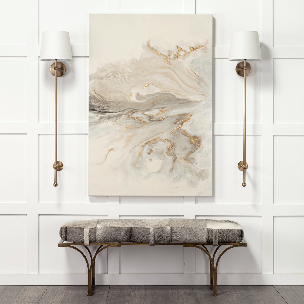 Jessie 55L x 16W White/Gray Hair-On-Hide Seat with Gold Metal Base Accent Bench, Benche by Mercana, 55" length x 16" width x 20" height View 2