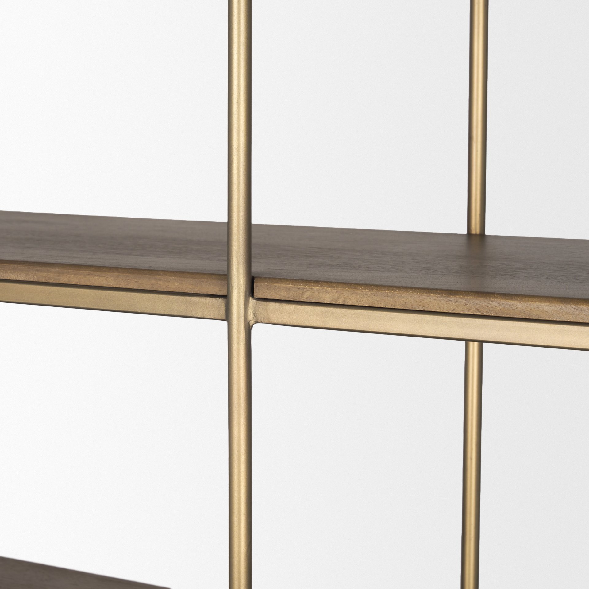 Baron 4-Door Dark Brown Wood with Antique Brass Metal Open Shelving Unit, Shelving & Bookcase by Mercana, 81.75" length x 19" width x 90" height View 10