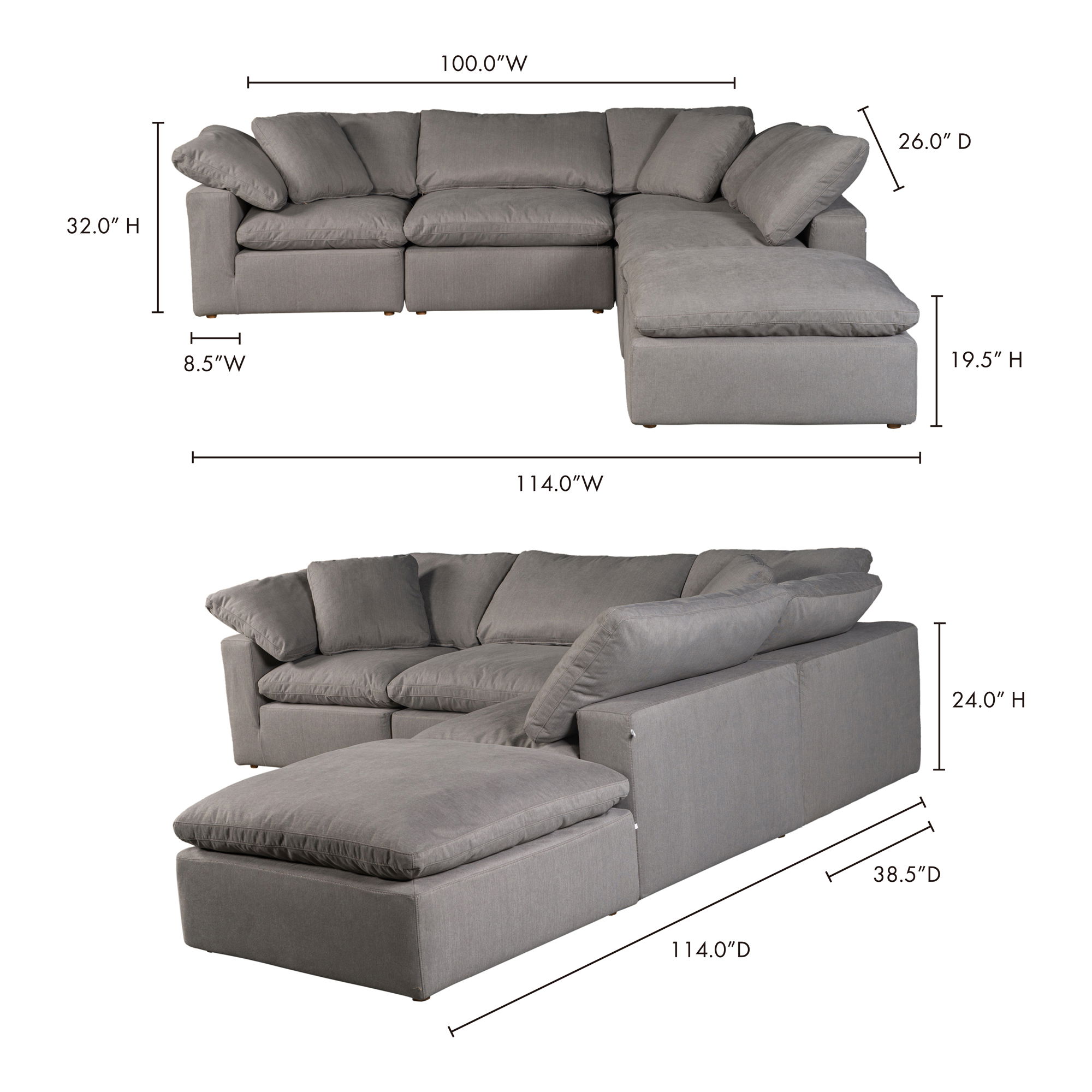 Terra Condo Dream Modular Sectional Light Grey, Sectional Sofa by Moe's Home, 114" width x 32" height x 114" depth View 5