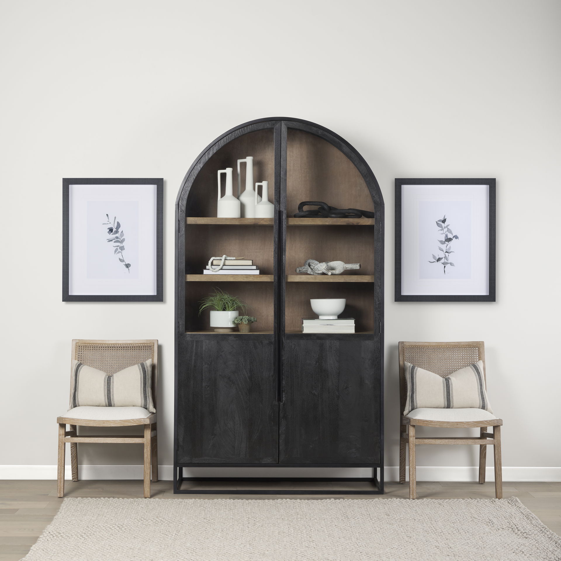 Sloan 85.5H Black Wood with Black Metal Frame Arch Cabinet, Cabinets & Sideboard by Mercana, 47.5" length x 18.5" width x 85.5" height View 2