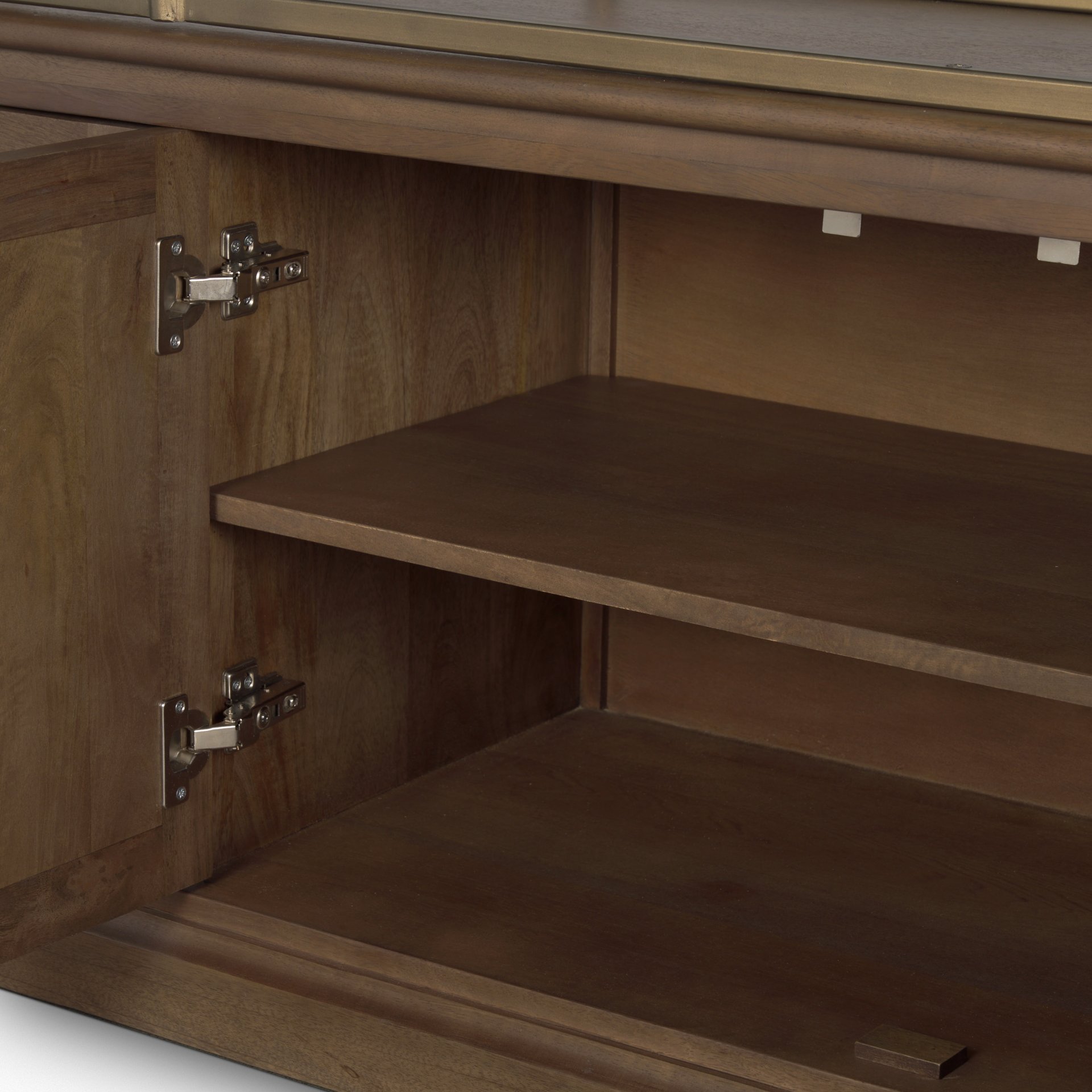 Baron 4-Door Dark Brown Wood with Antique Brass Metal Open Shelving Unit, Shelving & Bookcase by Mercana, 81.75" length x 19" width x 90" height View 13