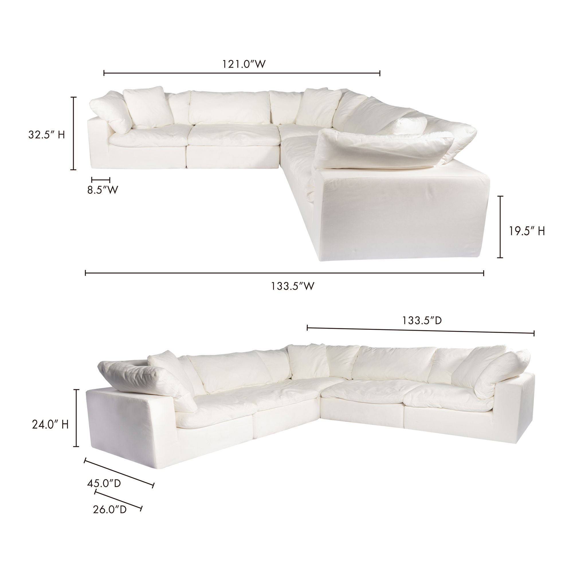 Clay Classic L-shaped Modular Sectional Cream White, Sectional Sofa by Moe's Home, 133.5" width x 32.5" height x 133.5" depth View 3