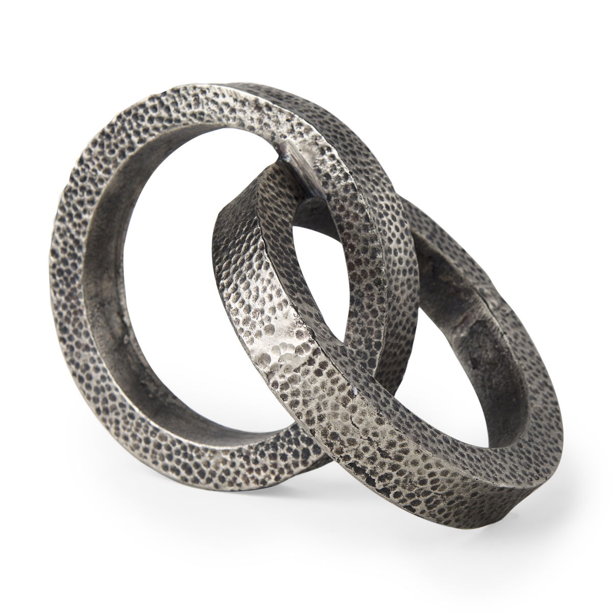 Rafiki Two Blackened Silver Hammered Finish Metal Conjoined Circles, Decorative Object by Mercana, 7.87" length x 5.91" width x 5.91" height View 1