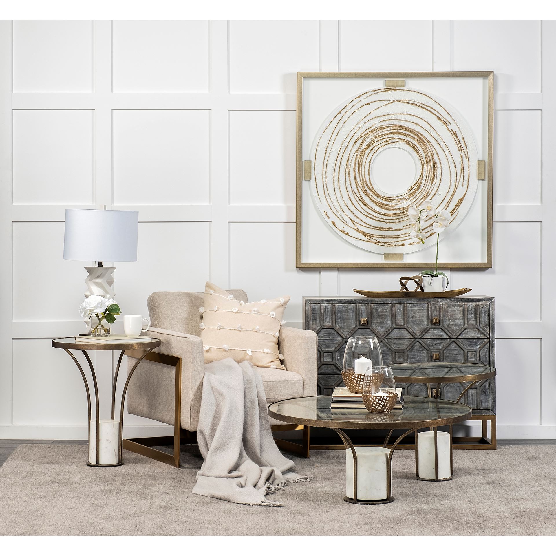 Jacinta 36' Round Glass Top Metal and Marble Pedestal Coffee Table large image 