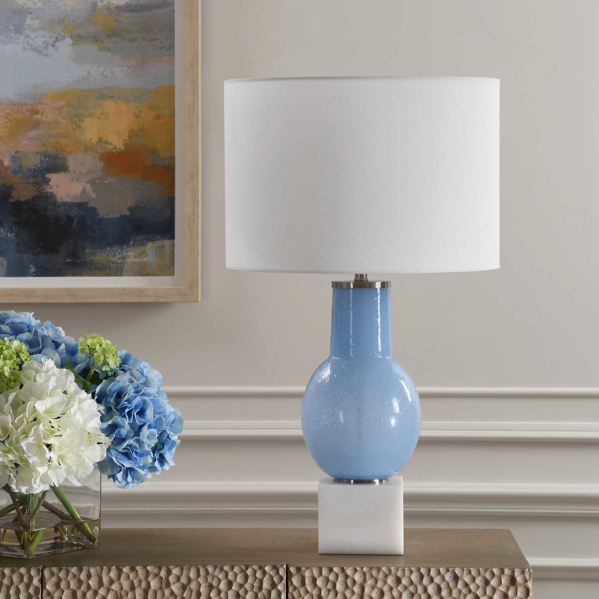 Clear Sky Blue Glass Table Lamp, by Uttermost, 16" width x 28" height x 16" depth View 4