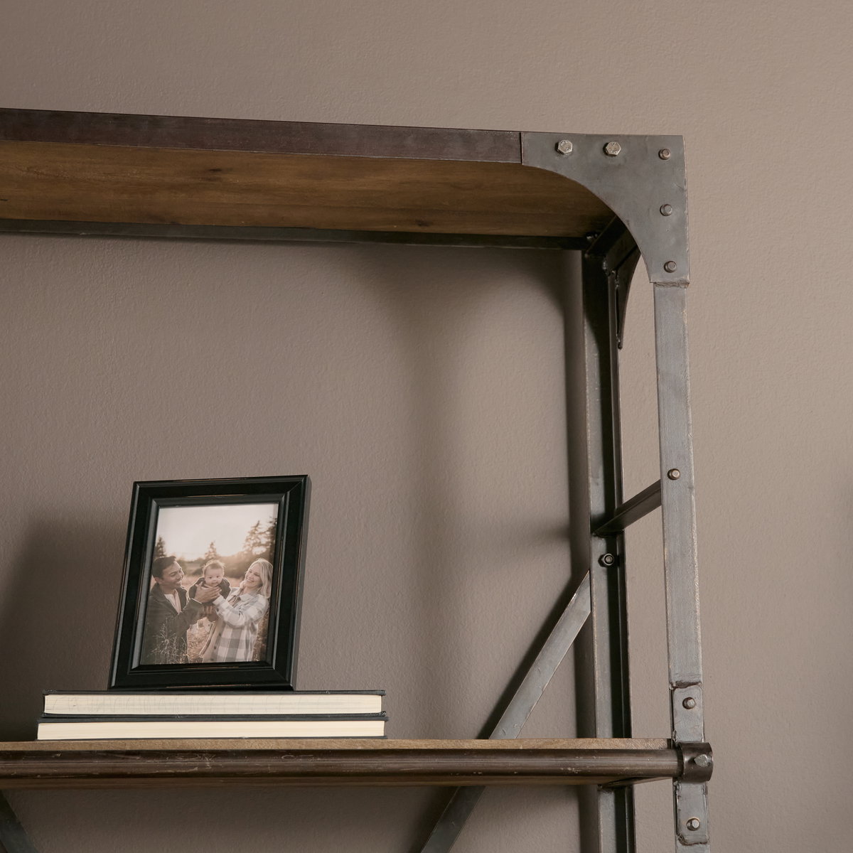 Brodie VII 32L x 22W x 94H Brown Wood Gun-Metal Bracing Four Shelf Shelving Unit, Shelving & Bookcase by Mercana, 31.5" length x 21.5" width x 94" height View 3