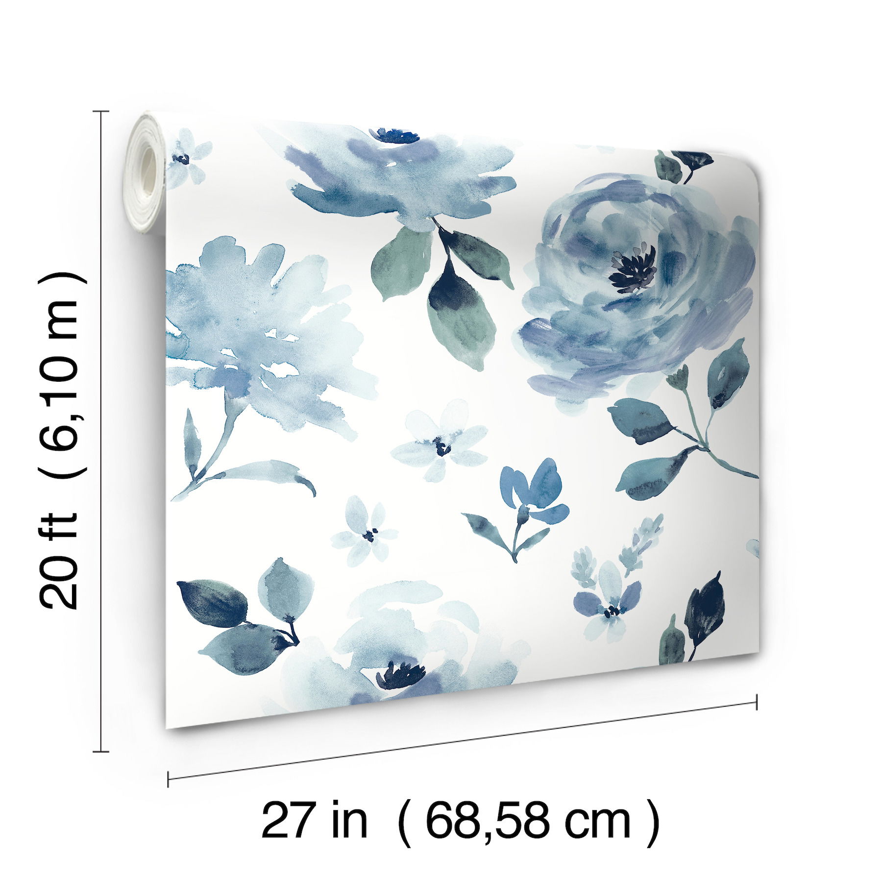 Watercolor Blooms Blue Peel & Stick Wallpaper, by York Wall, 20' length x 2'3" width x 0.02" depth View 7