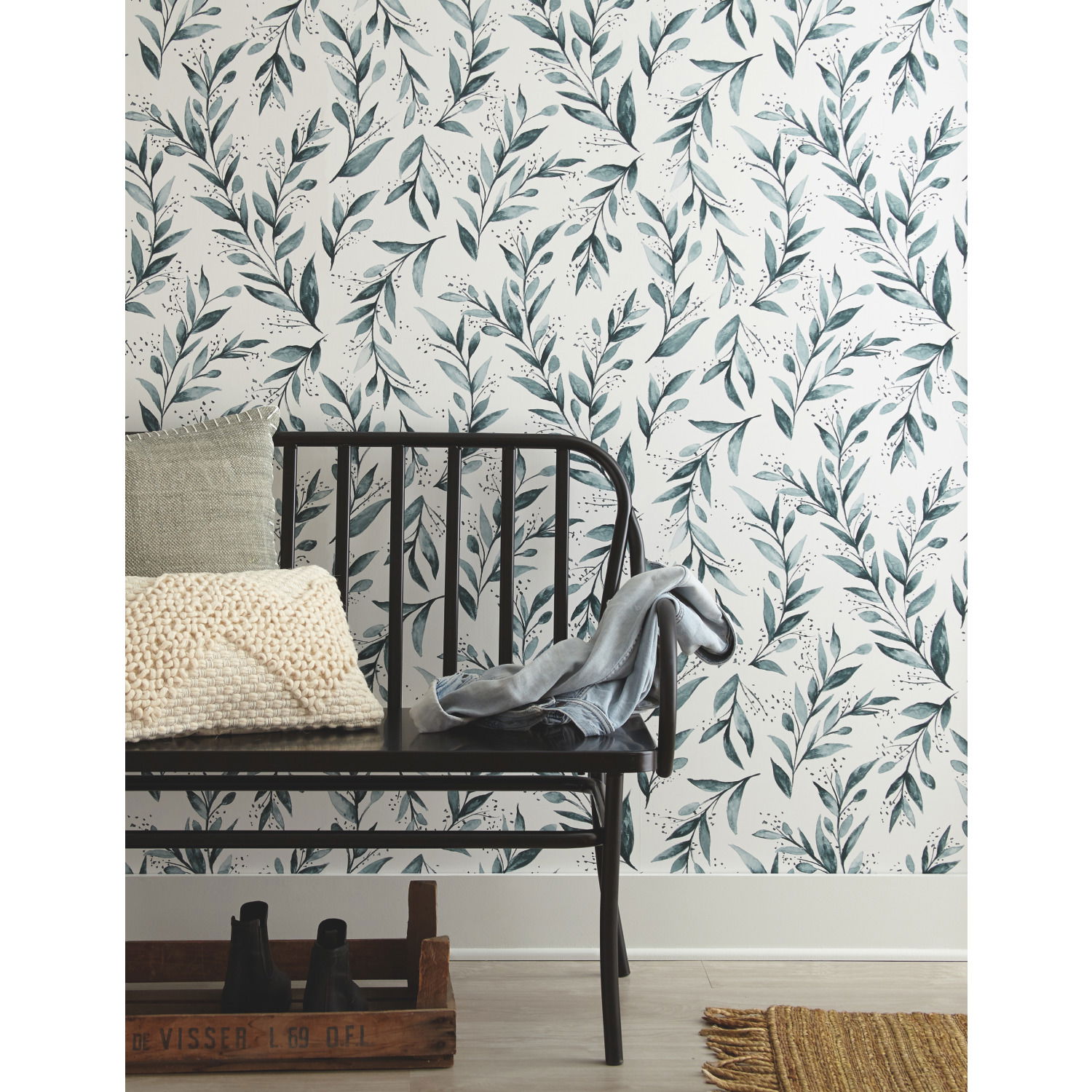 Weekends Olive Branch Teal Wallpaper large image 