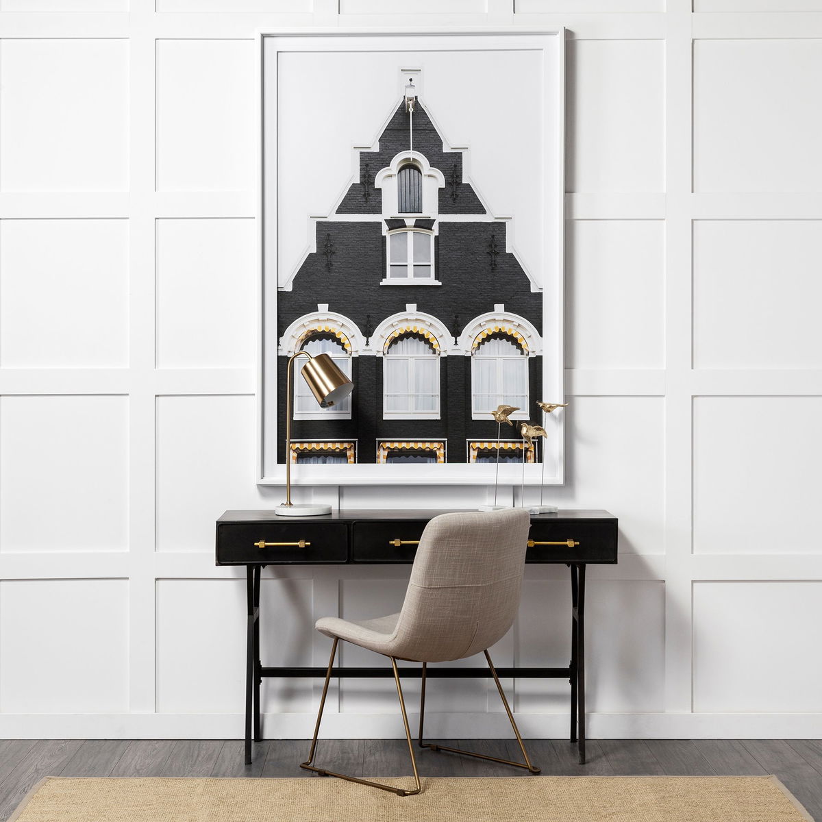 Vince 51L x 18W Black Metal with Gold Accents 3 Drawer Office Desk, by Mercana, 51.18" length x 18.31" width x 31.1" height View 3