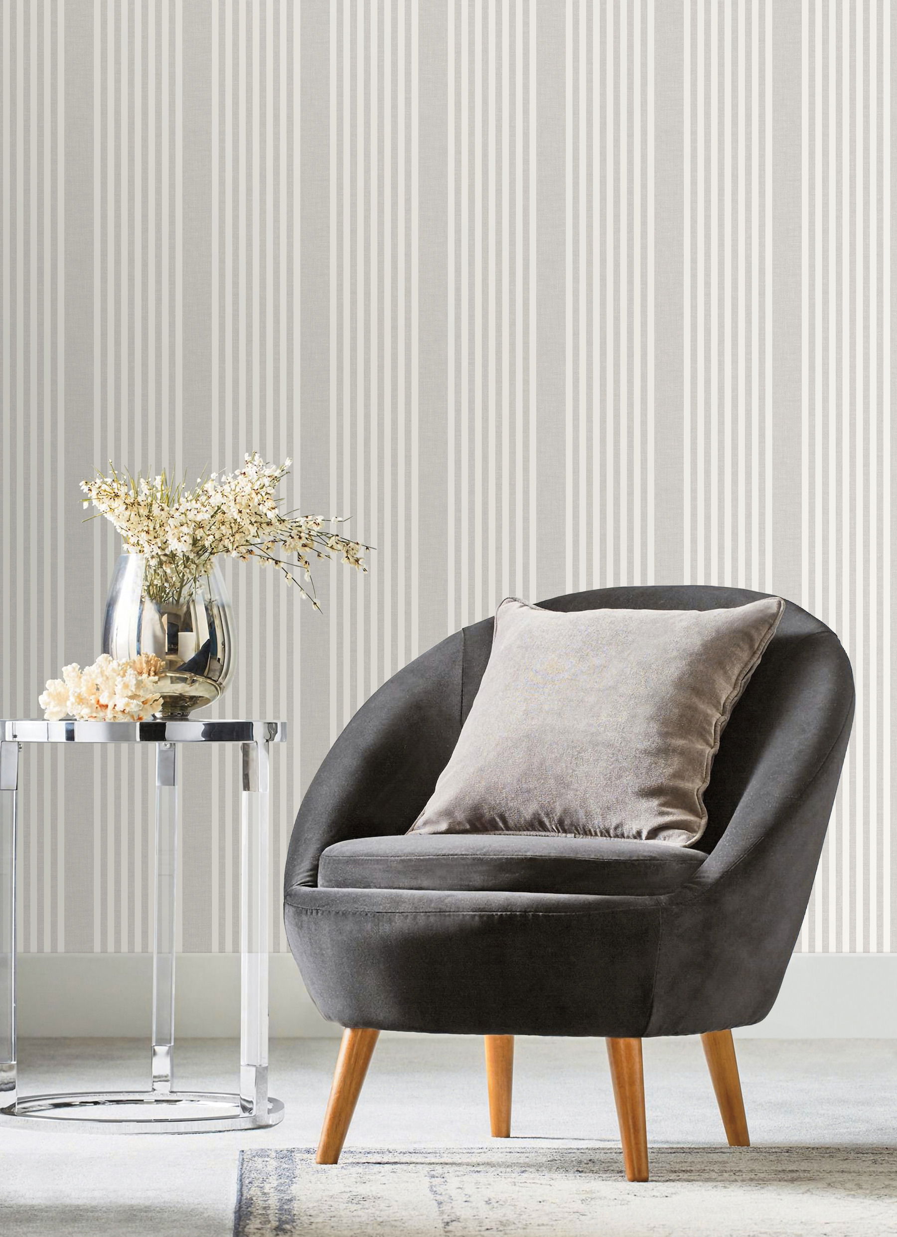 French Linen Stripe Grey Wallpaper large image 