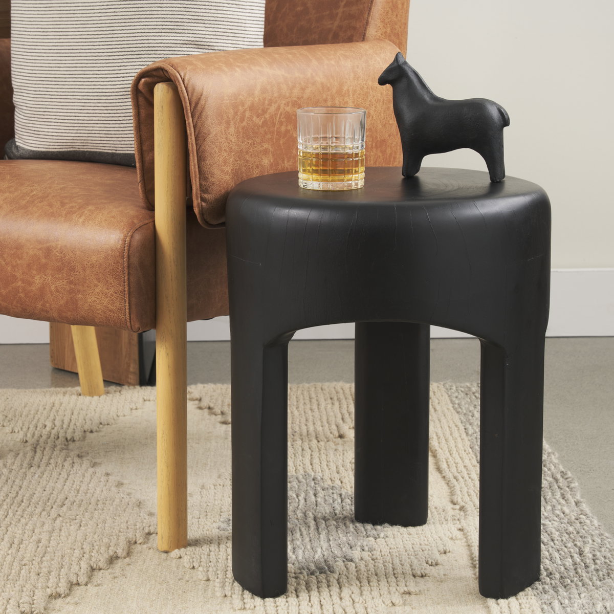 Riya Solid Black Wooden Stool, Ottoman by Mercana, 15" length x 15" width x 19" height View 3