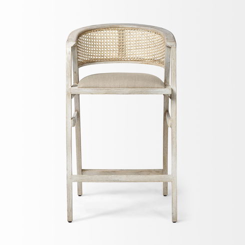 Tabitha 30.75" Seat Height Beige Fabric/Rattan Seat Blonde Wood Frame Bar Stool