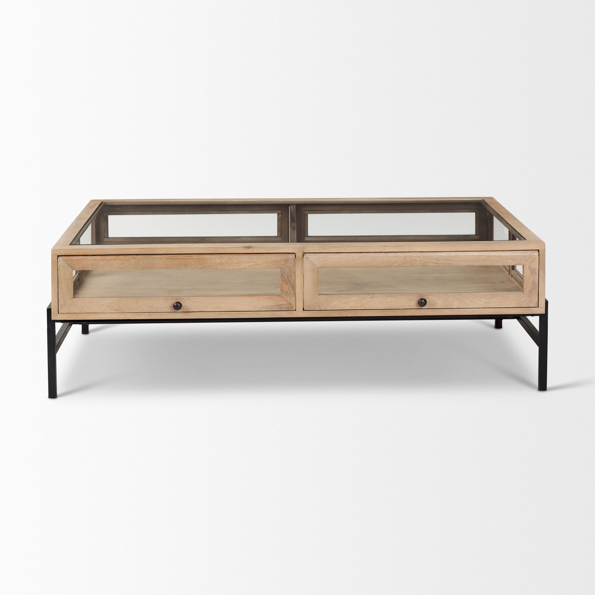 Arelius 42'L Rectangular Light Brown Wood with Black Metal Base Display Coffee Table, by Mercana, 49.5" length x 29.5" width x 15" height View 4