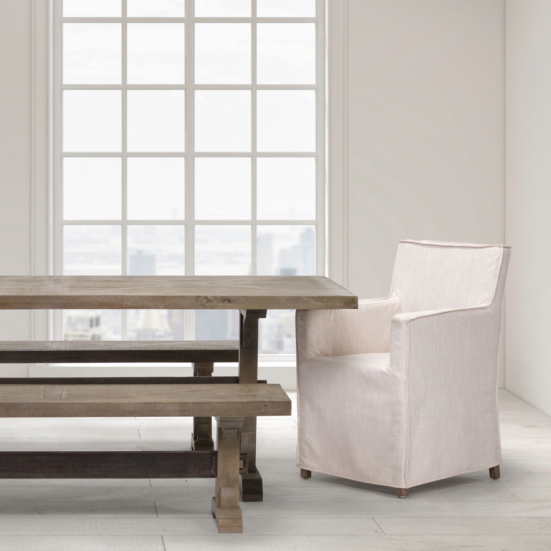 Elbert II Cream Fabric Slip-Cover Brown Wood Frame Dining Chair, by Mercana, 23.5" length x 22" width x 35.25" height View 3