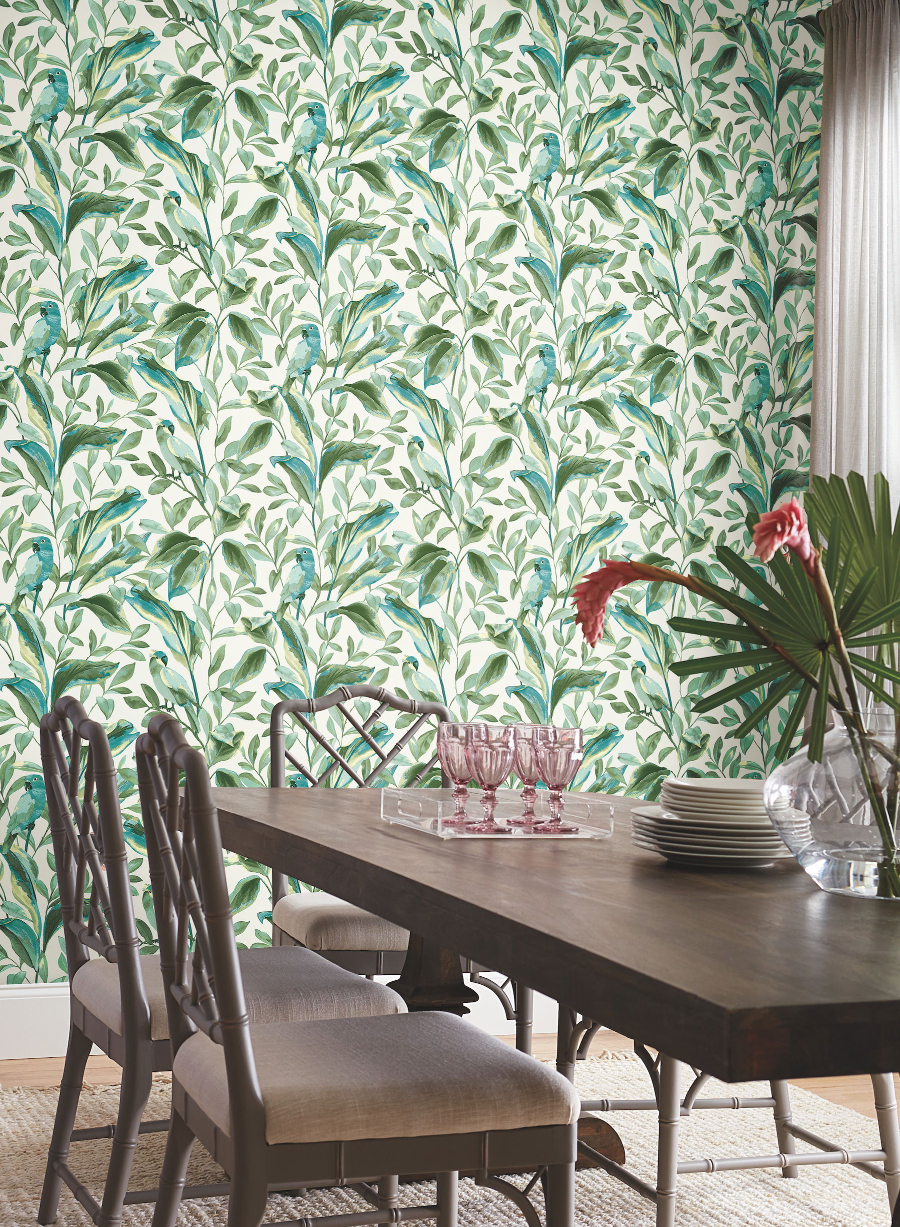Tropical Love Birds White & Aqua Wallpaper, by York Wall, 27' length x 2'3" width x 0.02" depth View 2
