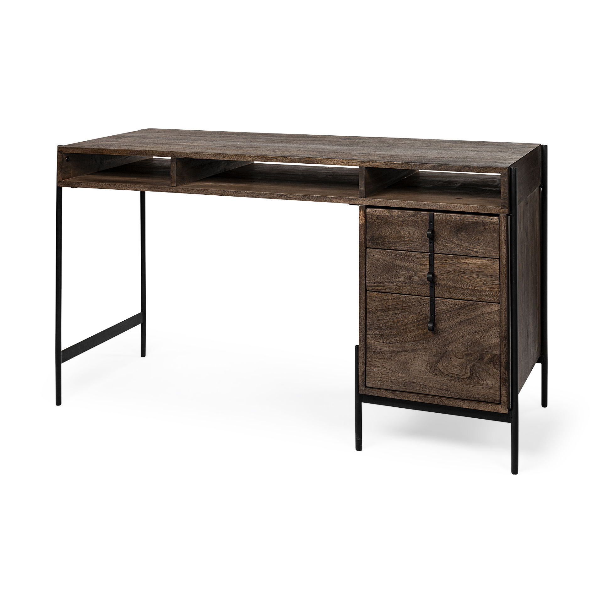 Glenn VII 56L x 22W Dark Brown Wood with Black Iron Frame, 3 Drawer Office Desk, by Mercana, 55.5" length x 22" width x 31" height View 1