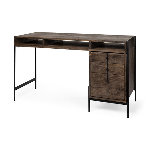 Glenn VII 56L x 22W Dark Brown Wood with Black Iron Frame, 3 Drawer Office Desk