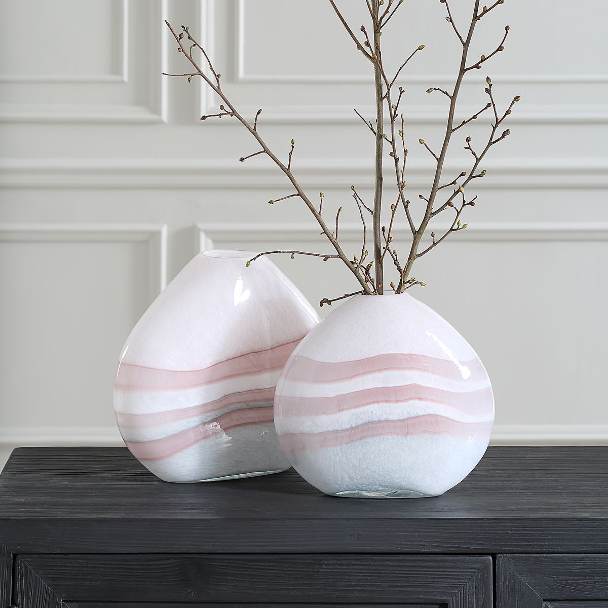 Blush Swirl Glass Vases Set/2, by Uttermost, 11.75" width x 10.5" height x 4.25" depth View 2