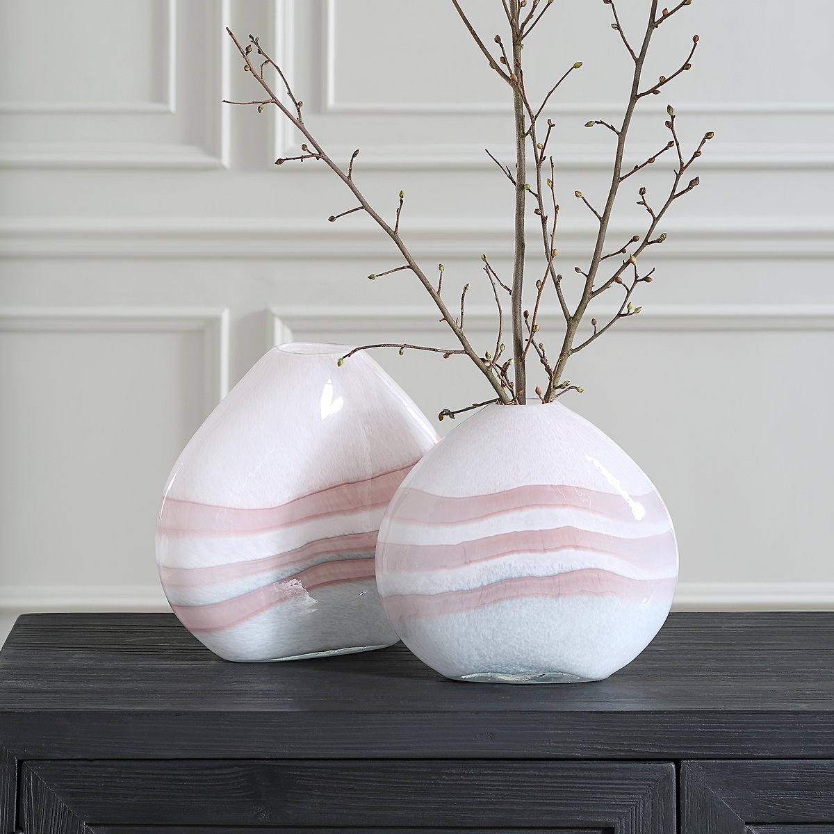 Blush Swirl Glass Vases Set/2, by Uttermost, 11.75" width x 10.5" height x 4.25" depth View 2