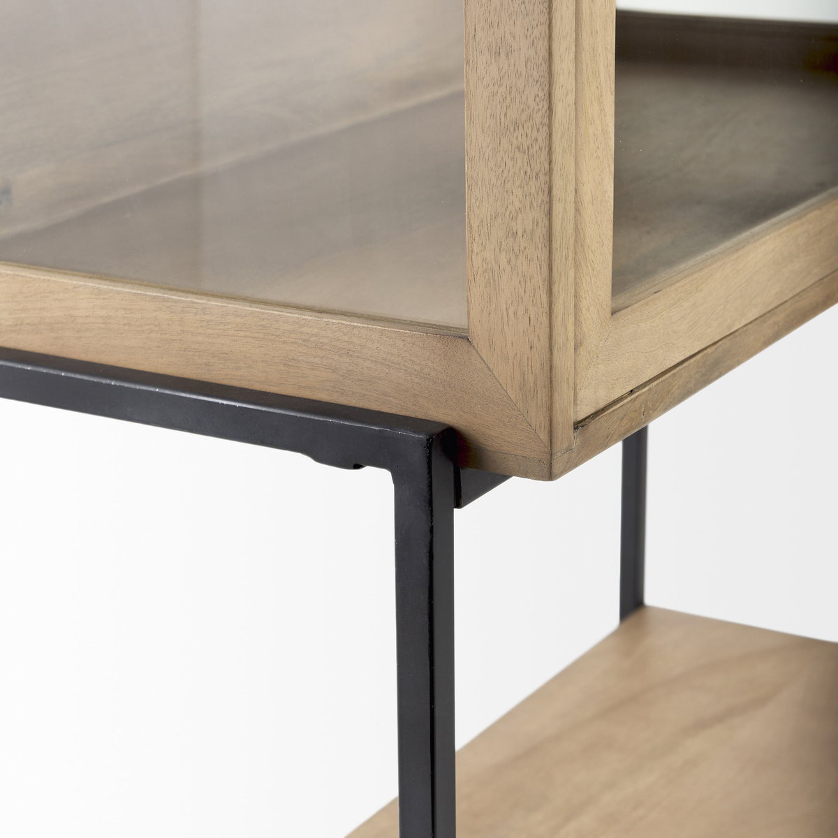 Arelius 36L x 18.75W x 63H Light Brown Wood with Black Metal Base Display Cabinet, Cabinets & Sideboard by Mercana, 36" length x 18.75" width x 63" height View 12