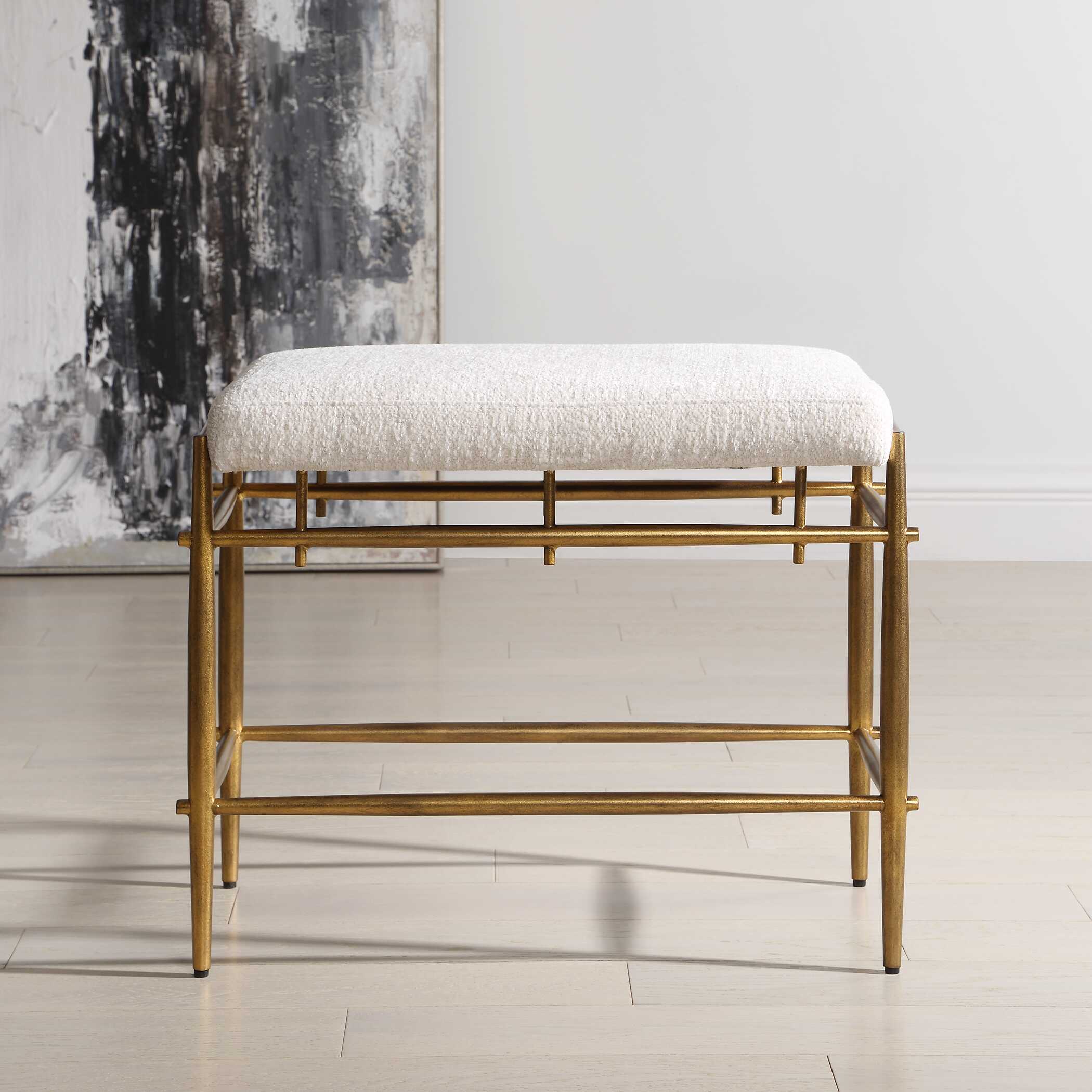 Karleen Plush White Small Brass Bench, Furniture by Uttermost, 25.75" width x 21" height x 15" depth View 1