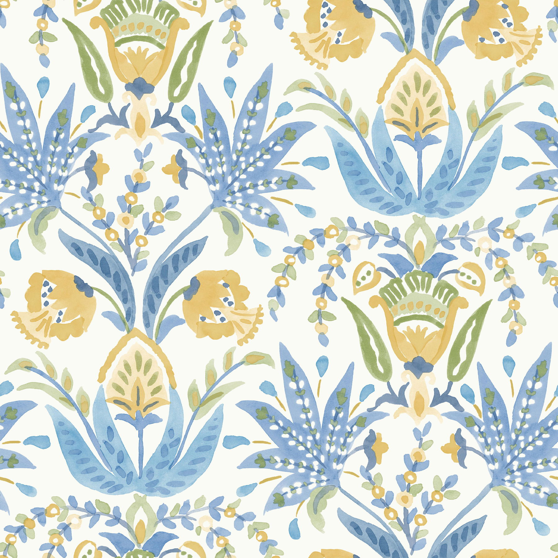 Seaside Jacobean Yellow & Blue Wallpaper large image 