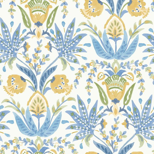 Seaside Jacobean Yellow & Blue Wallpaper