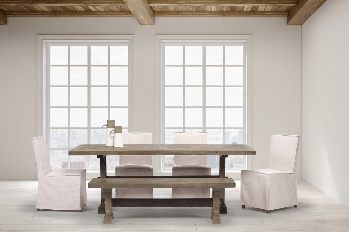 Elbert I Cream Fabric Slip-Cover Brown Wooden Base Dining Chair, by Mercana, 19.25" length x 21.75" width x 35.25" height View 4