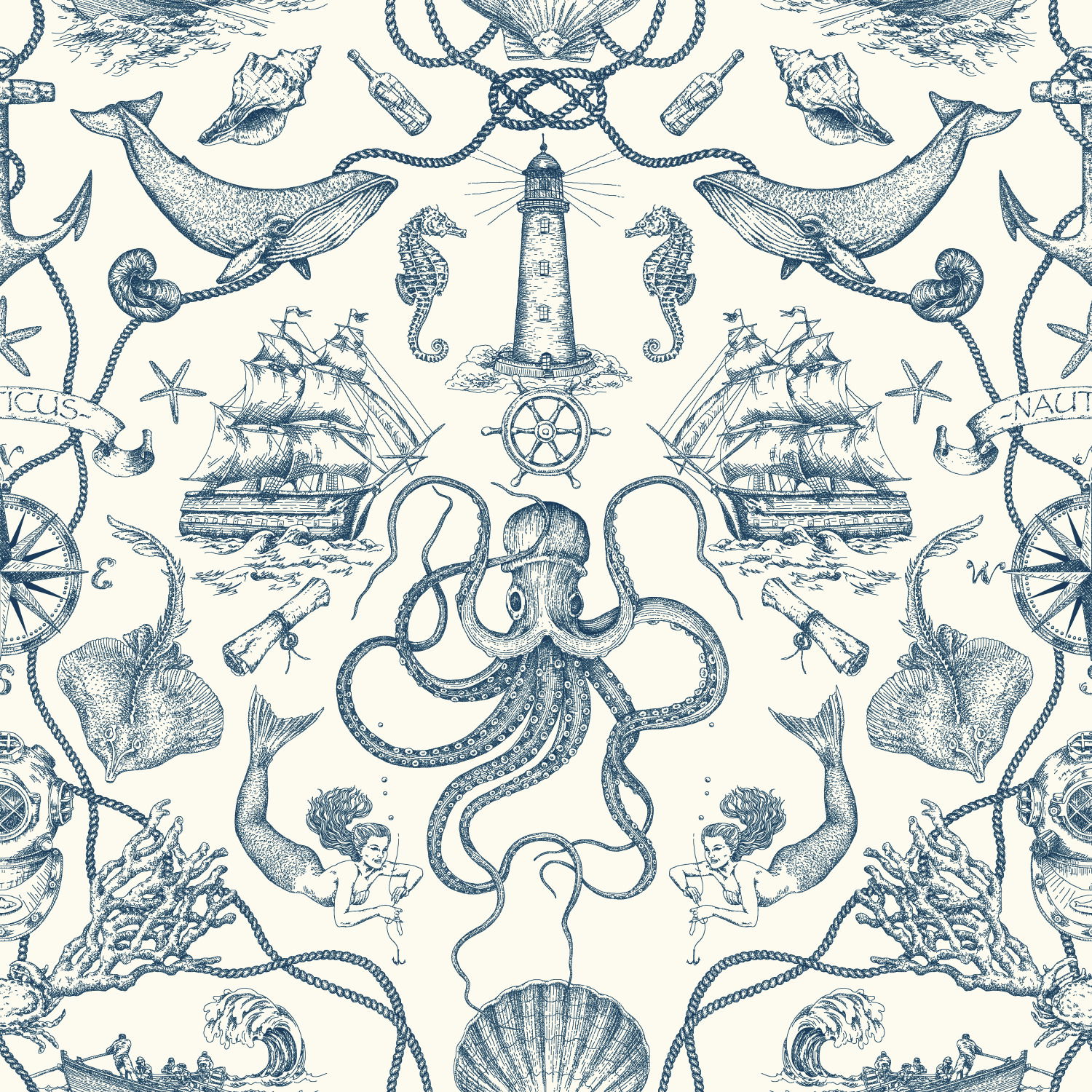 Deep Sea Toile Blue Wallpaper, by York Wall, 33' length x 1'8.5" width x 0.02" depth View 1