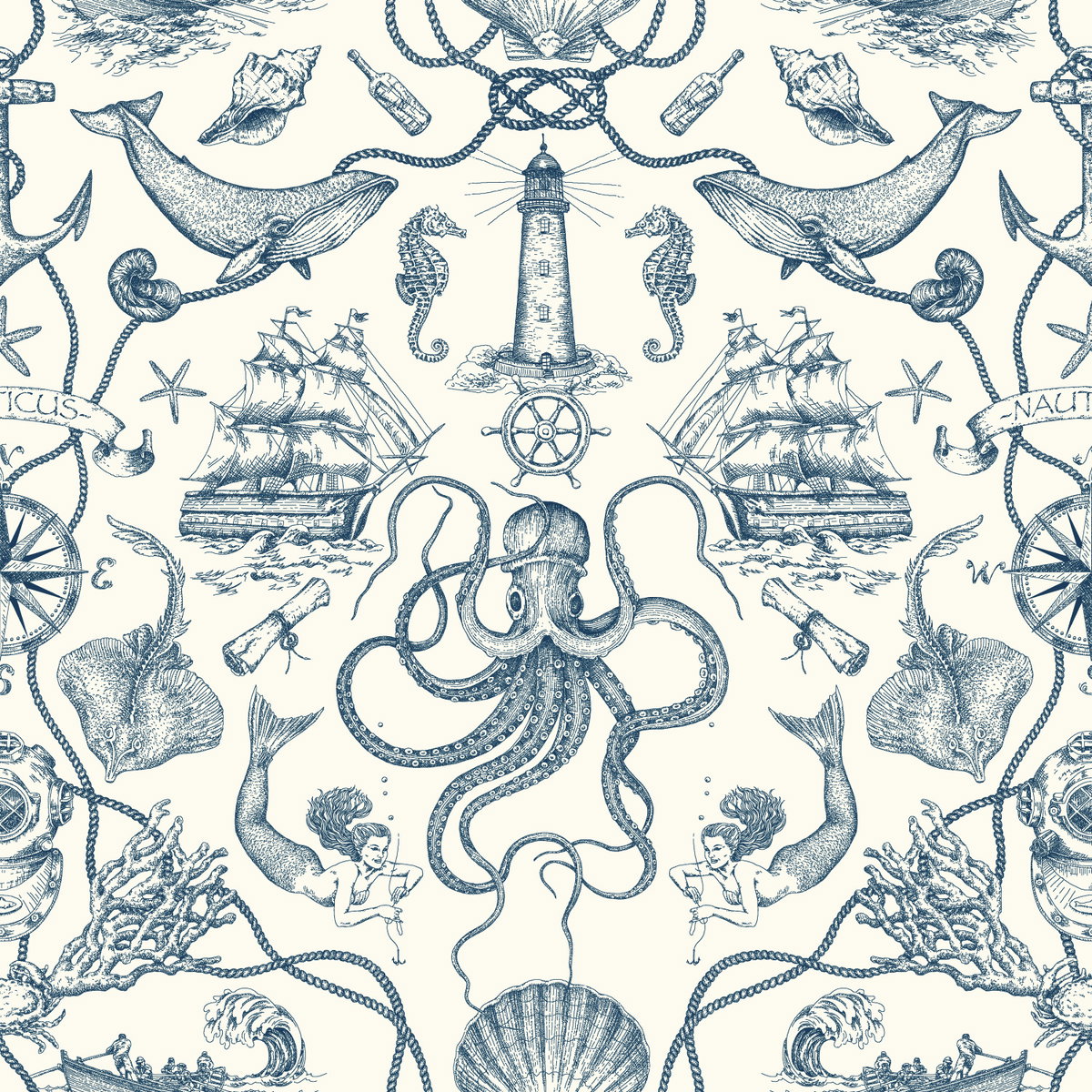 Deep Sea Toile Blue Wallpaper, by York Wall, 33' length x 1'8.5" width x 0.02" depth