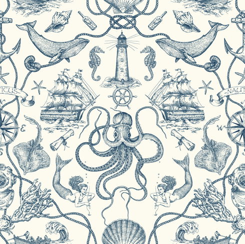 Deep Sea Toile Blue Wallpaper