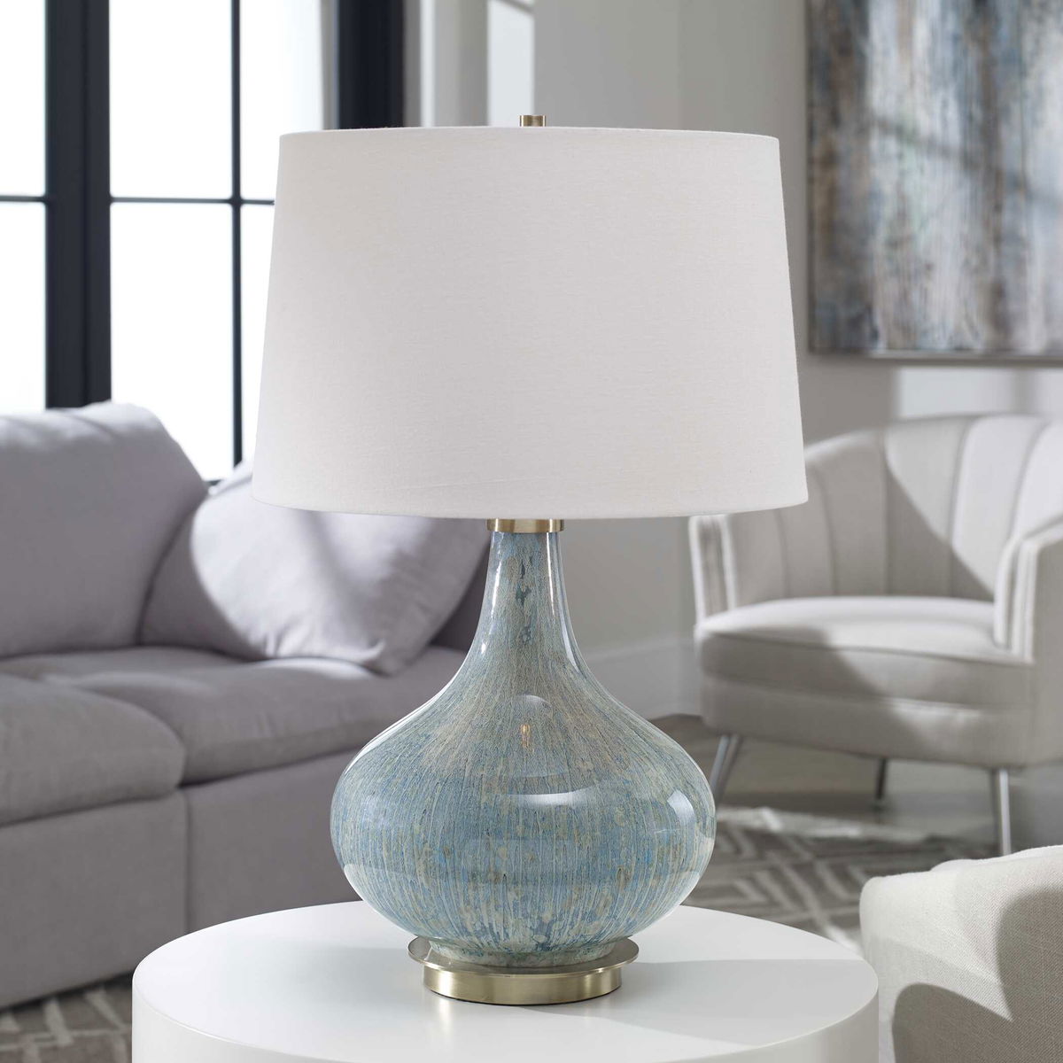 Celinda Blue Gray Glass Lamp, Table Lamp by Uttermost, 15.5" width x 24.75" height x 14" depth View 2