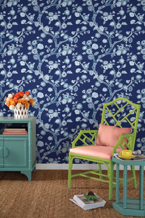 Temple Garden Navy Blue Peel & Stick Wallpaper