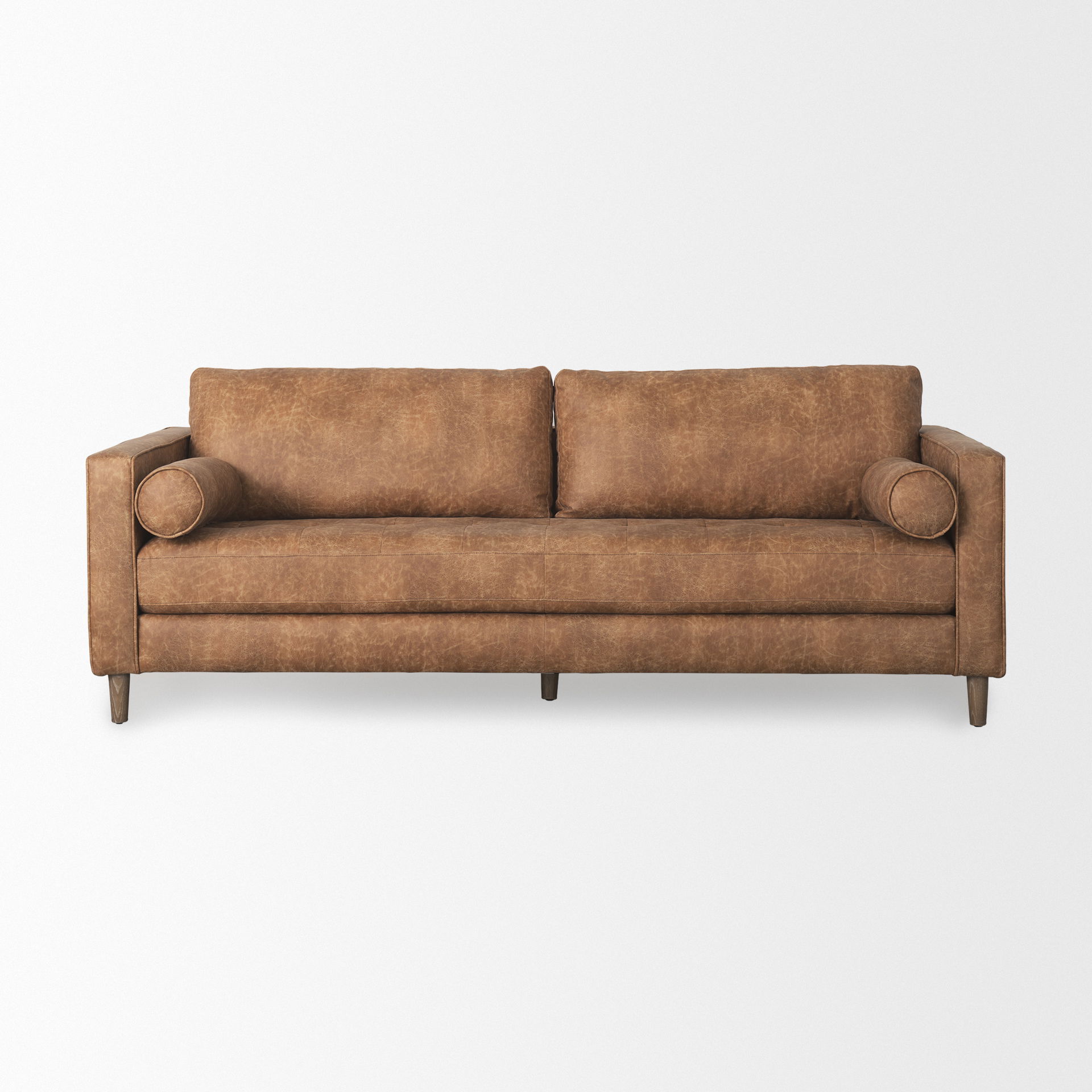Loretta  Cognac Brown Faux Leather Three Seater Sofa with Two Bolster Cushions, Sofas & Sectional by Mercana, 87.99" length x 36.22" width x 33.86" height View 5
