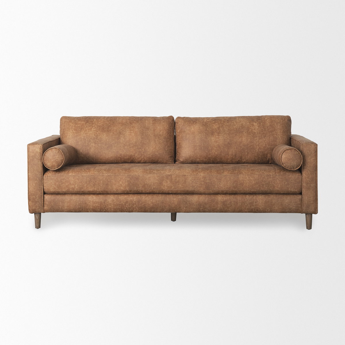 Loretta  Cognac Brown Faux Leather Three Seater Sofa with Two Bolster Cushions, Sofas & Sectional by Mercana, 87.99" length x 36.22" width x 33.86" height View 5