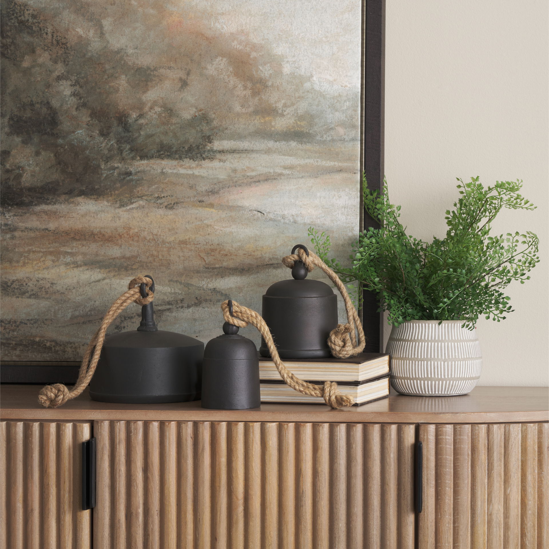 Quincy Large Matte Black Metal Decorative Bell Object, Decorative Object by Mercana, 7" length x 7" width x 7.75" height View 2