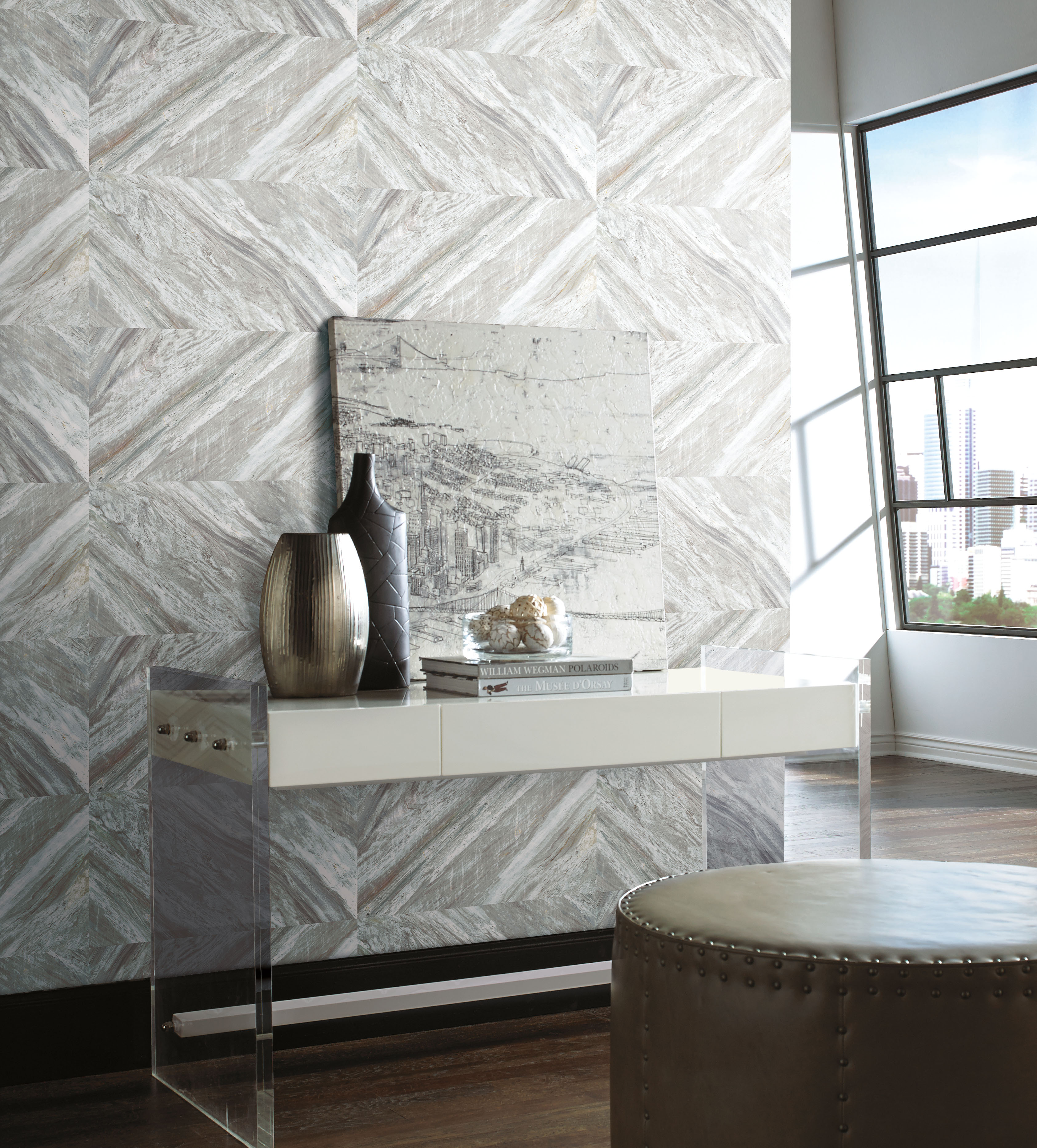 Carrara Horizontal White Peel & Stick Wallpaper large image 