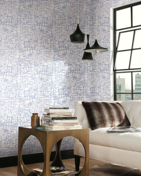 Cubist Cityscape Blue Peel & Stick Wallpaper