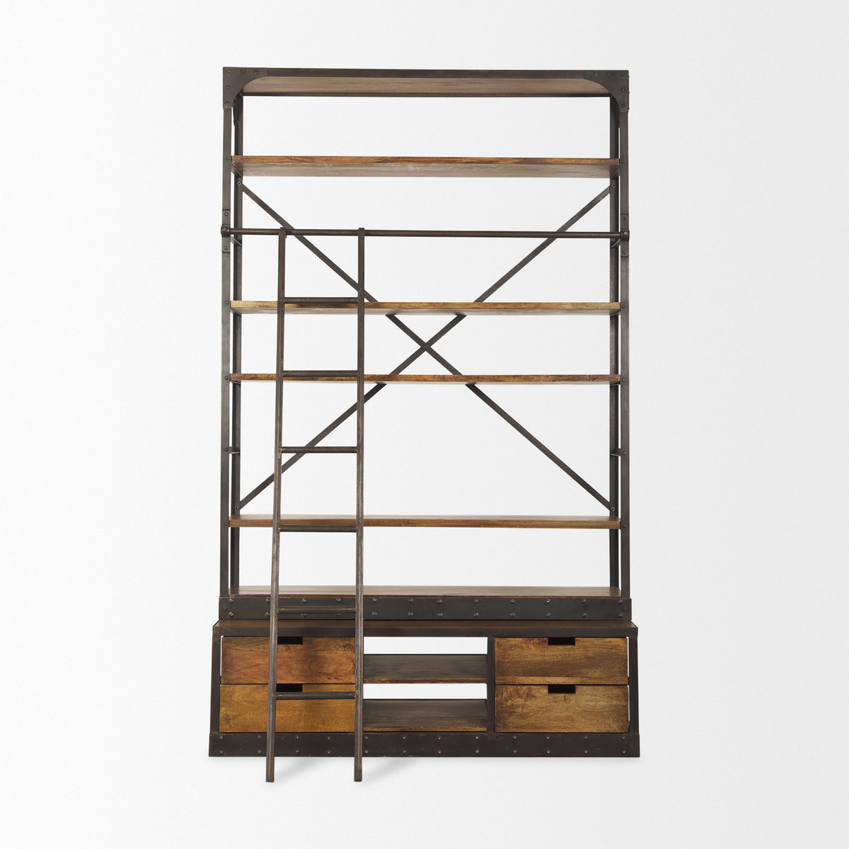 Brodie II Medium Brown Wood Black Ladder Four Shelf Shelving Unit 57L x 20.5W x94H, Shelving & Bookcase by Mercana, 57" length x 19.5" width x 94" height View 3