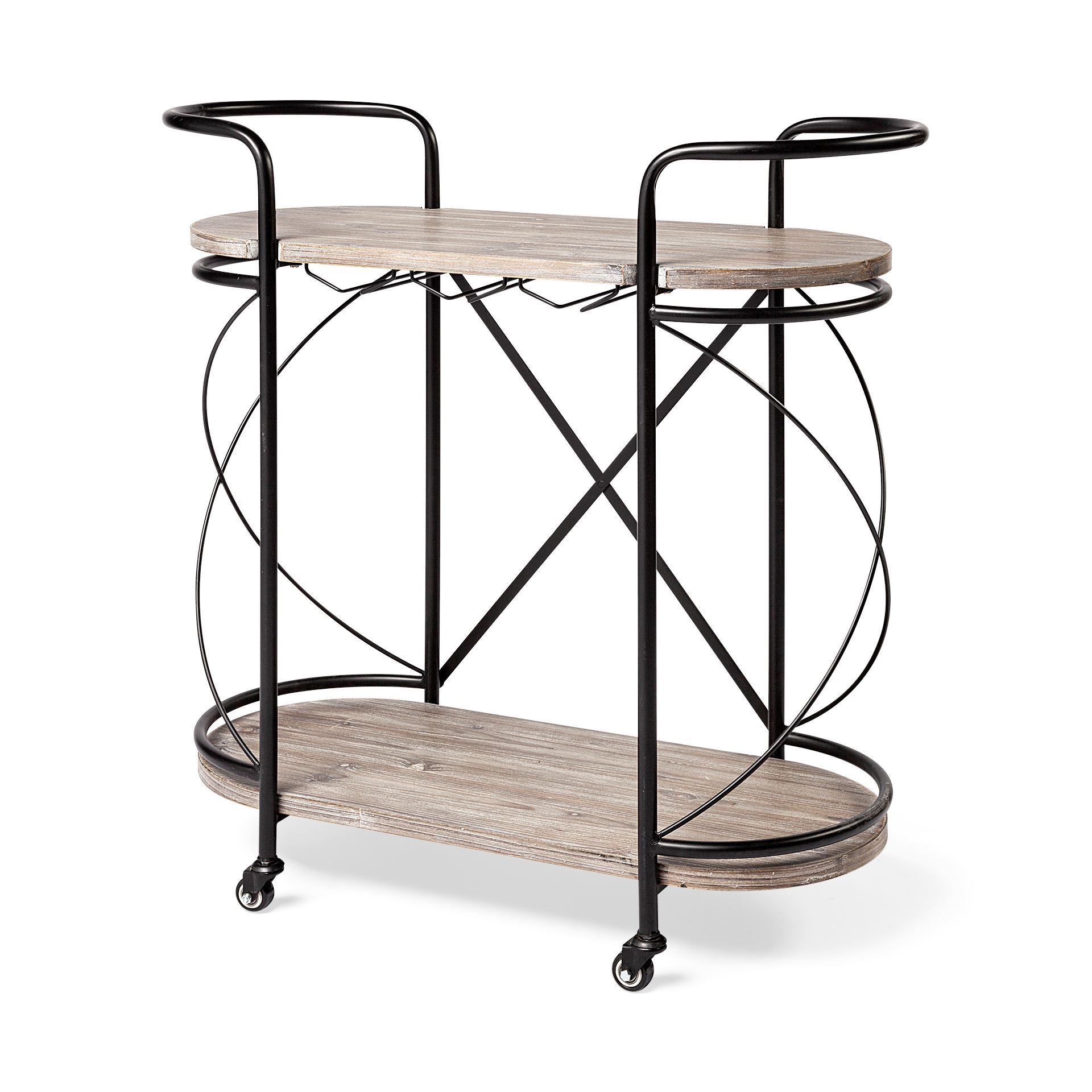 Marlon Black Metal Frame Two Tier Shelves with Stemware holder Bar Cart, Bar Carts & Cabinet by Mercana, 34.65" length x 15.35" width x 34.25" height View 1