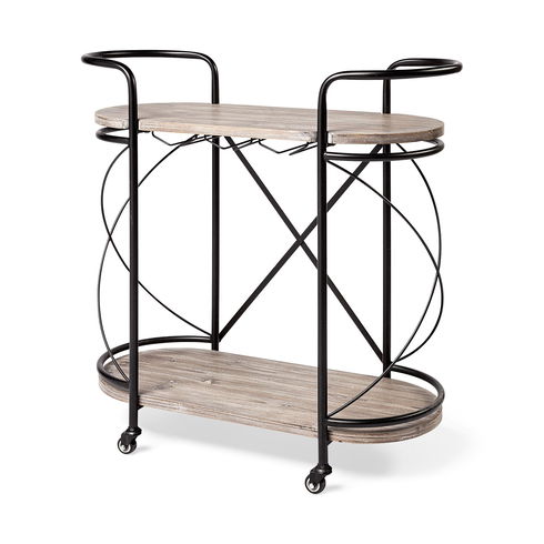 Marlon Black Metal Frame Two Tier Shelves with Stemware holder Bar Cart
