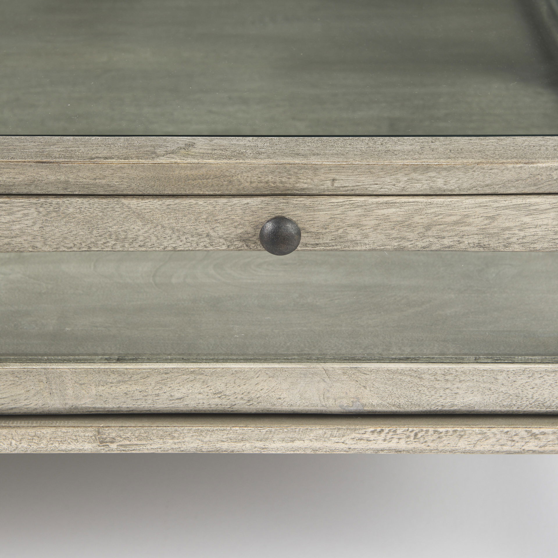 Arelius 42' Square Glass-Top Gray Wood with Black Metal Base Display Coffee Table, by Mercana, 43.5" length x 42" width x 15" height View 10