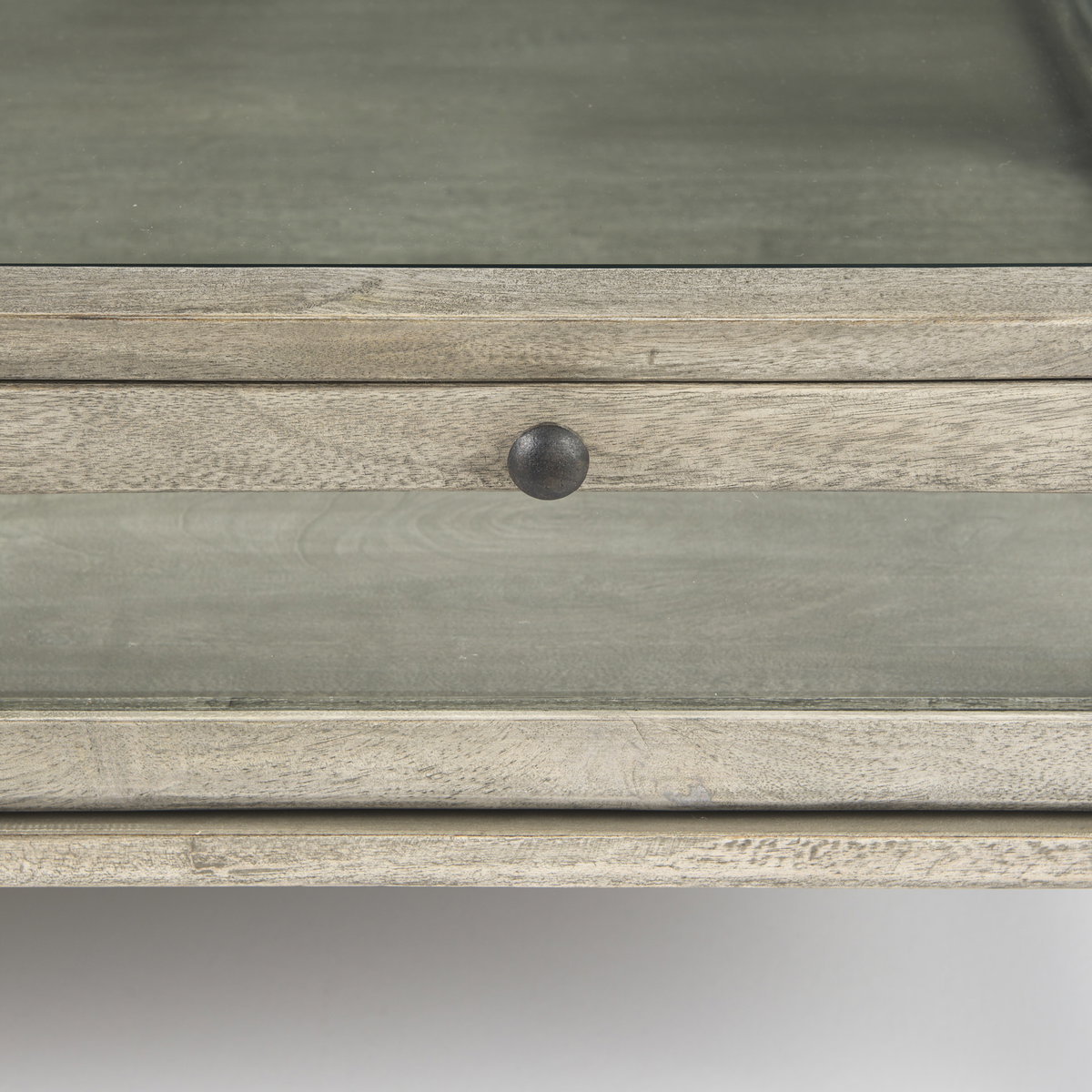 Arelius 42' Square Glass-Top Gray Wood with Black Metal Base Display Coffee Table, by Mercana, 43.5" length x 42" width x 15" height View 10