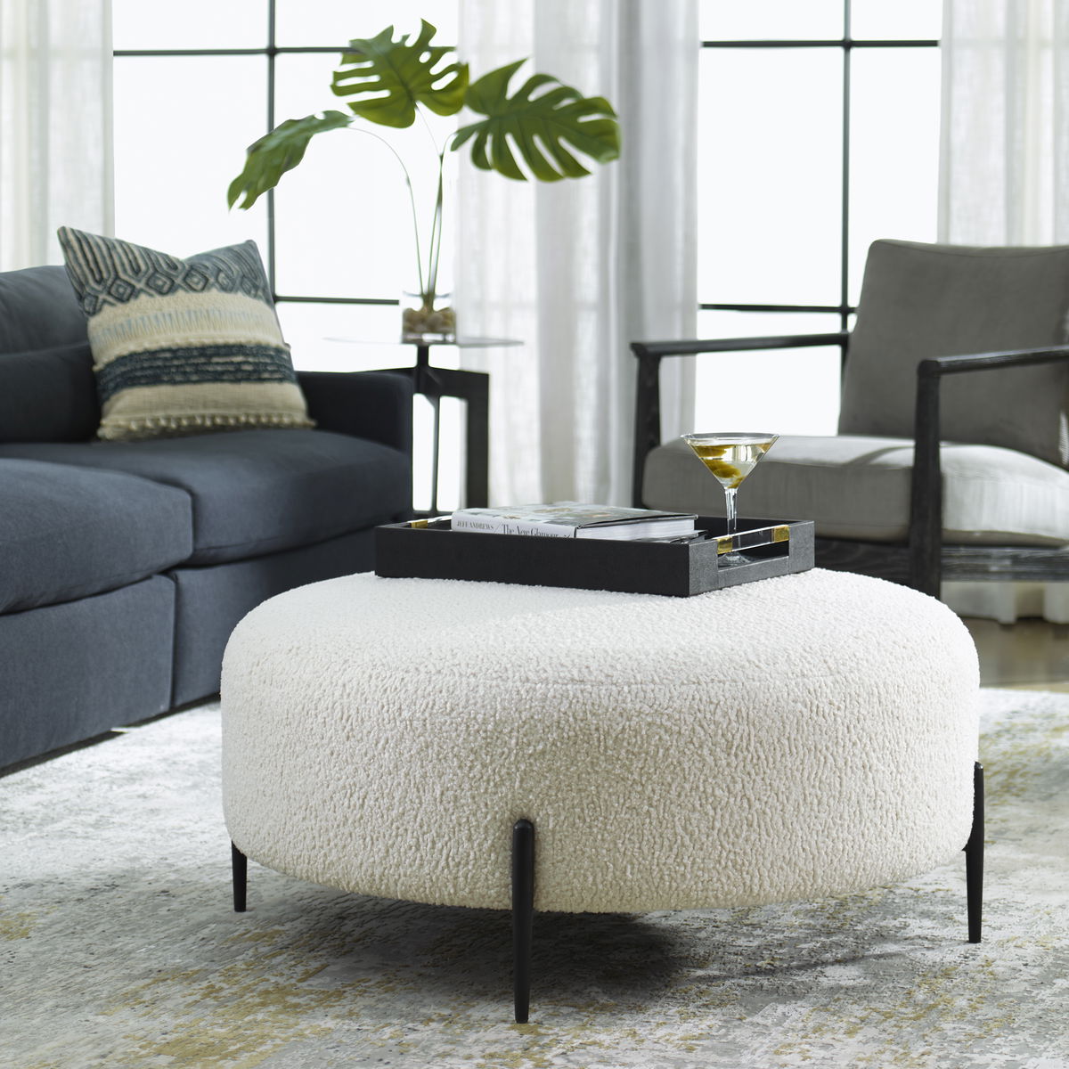 Arles Large Plush White Ottoman, by Uttermost, 40" width x 18" height x 40" depth View 2