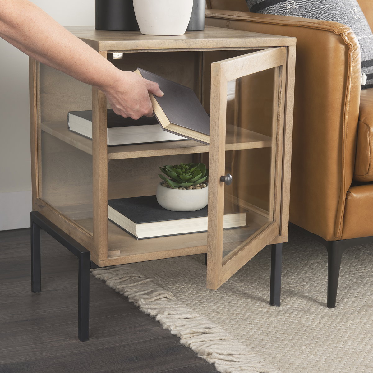 Arelius 20L x 18W x 26H Light Brown Wood with Black Metal Frame End/Side Table, Side & End Table by Mercana, 20" length x 18.75" width x 26" height View 5