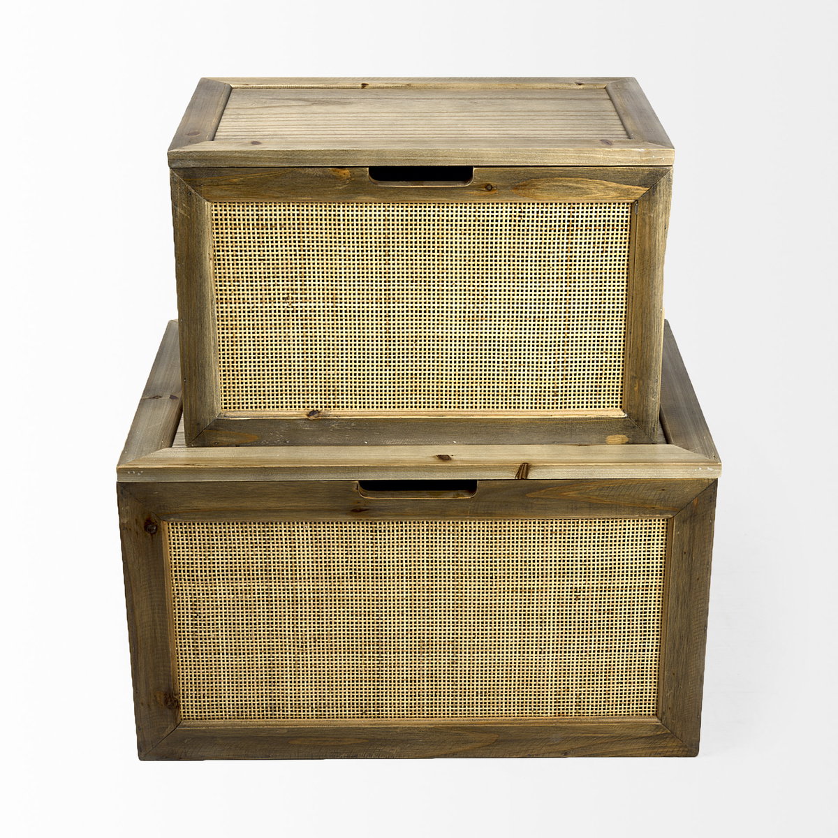 Sonny  Set of Two Brown Wood and Wicker with Metal Detail Rectangular Boxes, by Mercana, 23.62" length x 15.75" width x 13.78" height View 4
